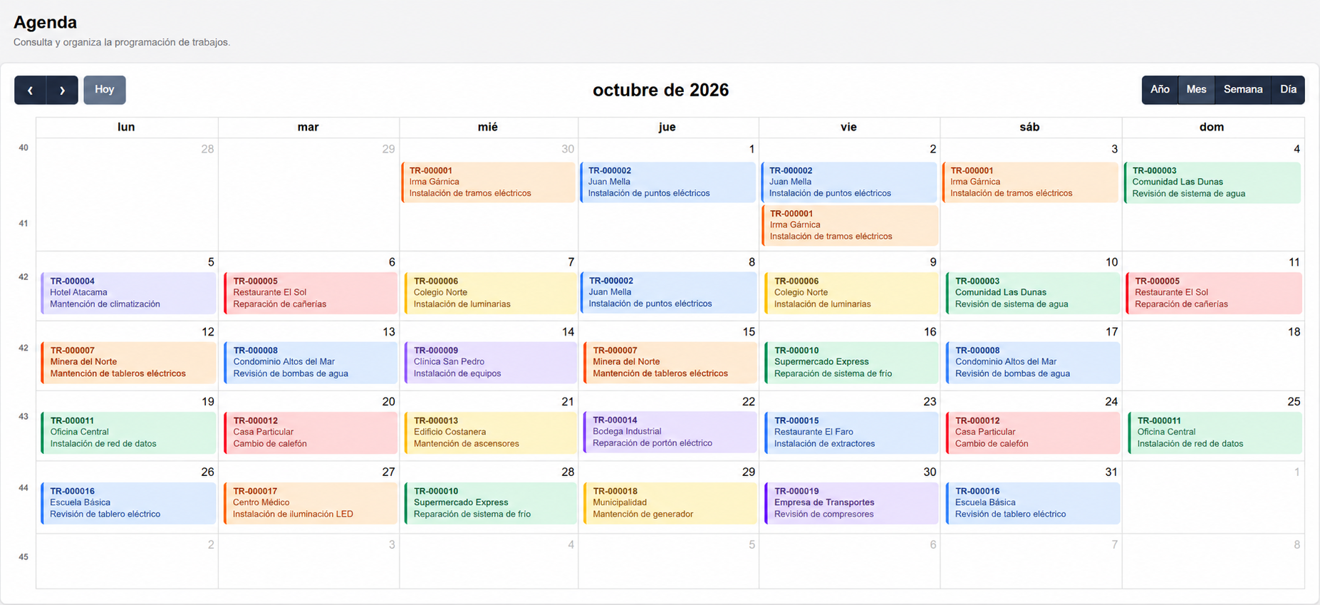 Calendario de KUVOX con trabajos programados de demostración