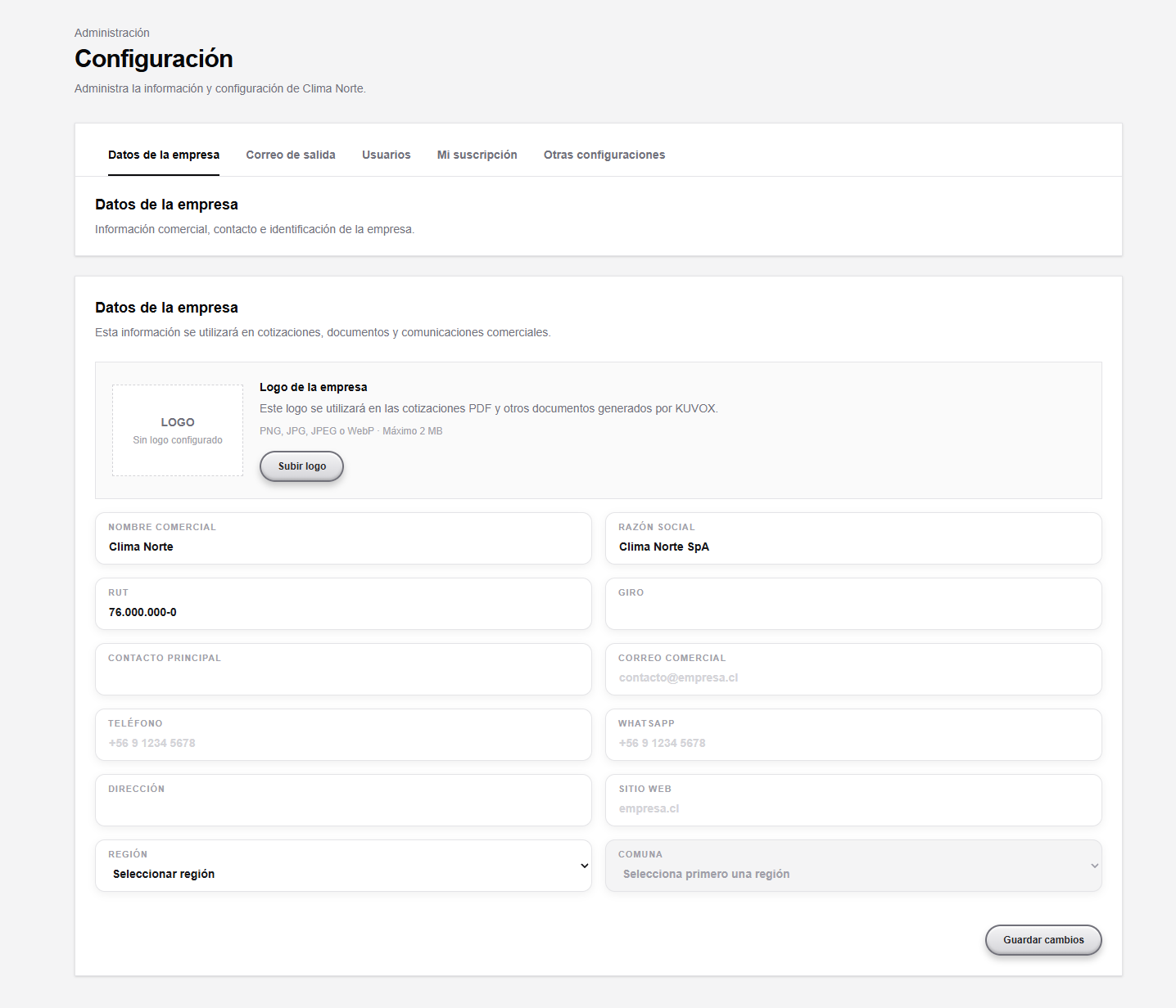 Pantalla de configuración de empresa en KUVOX