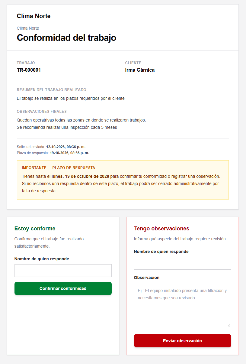 Página pública de conformidad del cliente con opciones para aprobar el trabajo o registrar observaciones