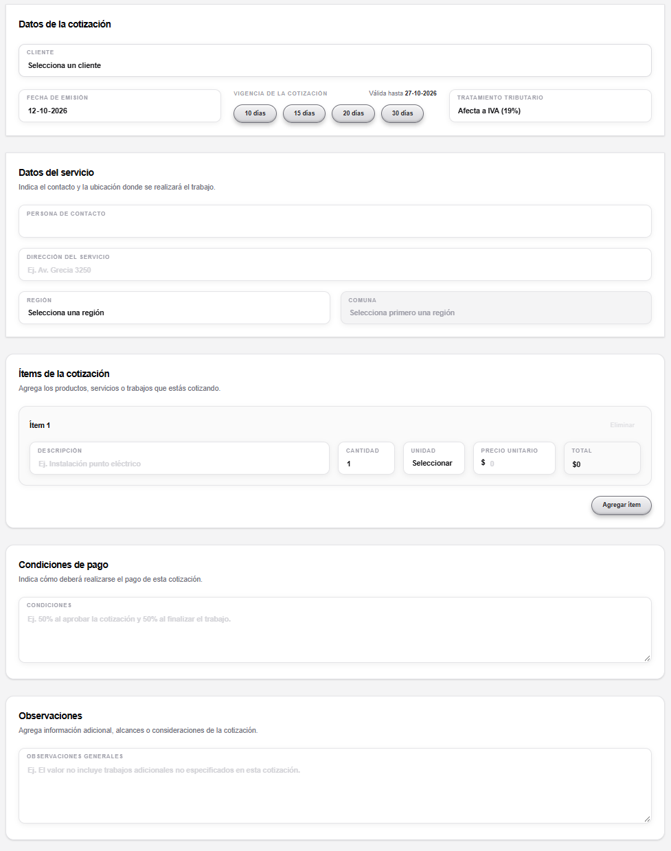 Formulario de creación de cotizaciones en KUVOX