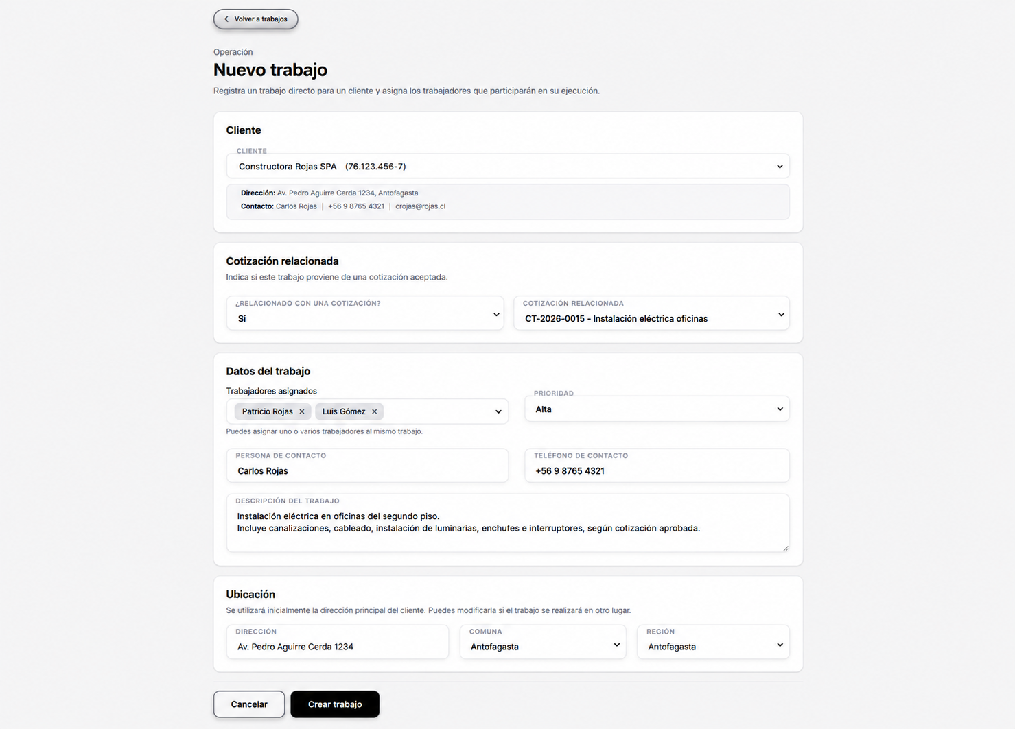 Formulario de creación y asignación de trabajos en KUVOX