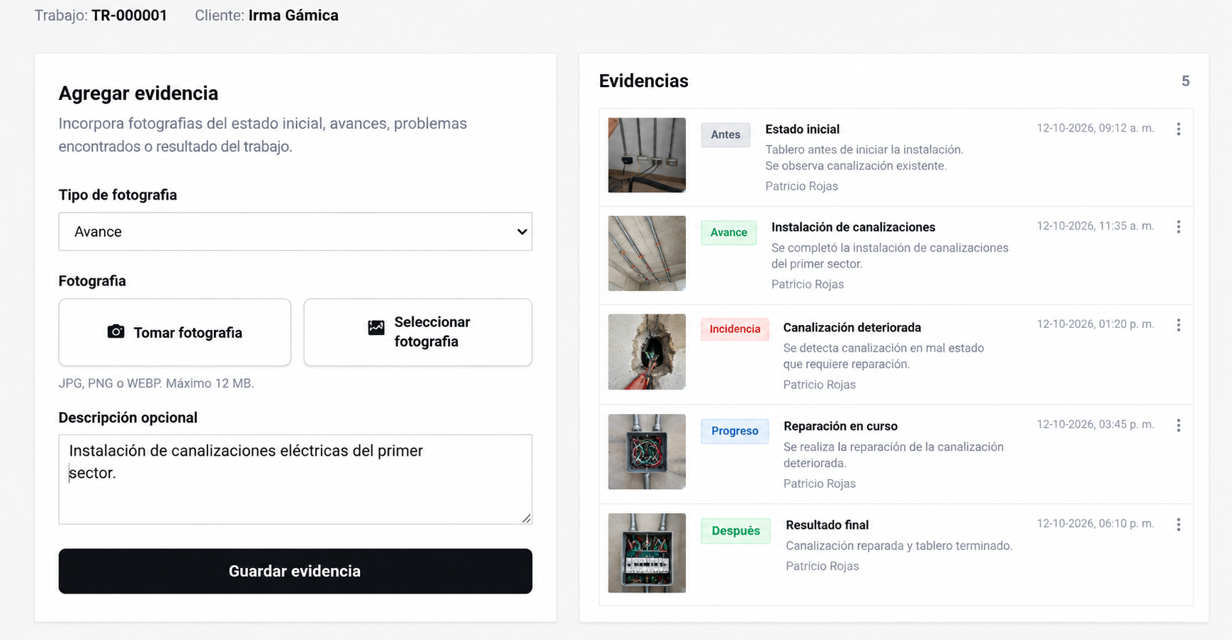 Fotografías y evidencias registradas durante un trabajo