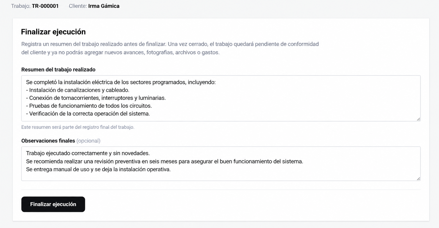 Formulario de finalización de la ejecución en KUVOX