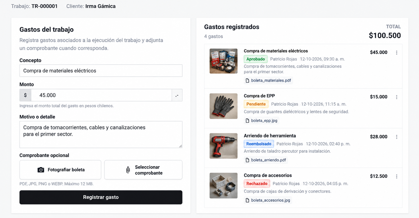 Registro y seguimiento de gastos del trabajo
