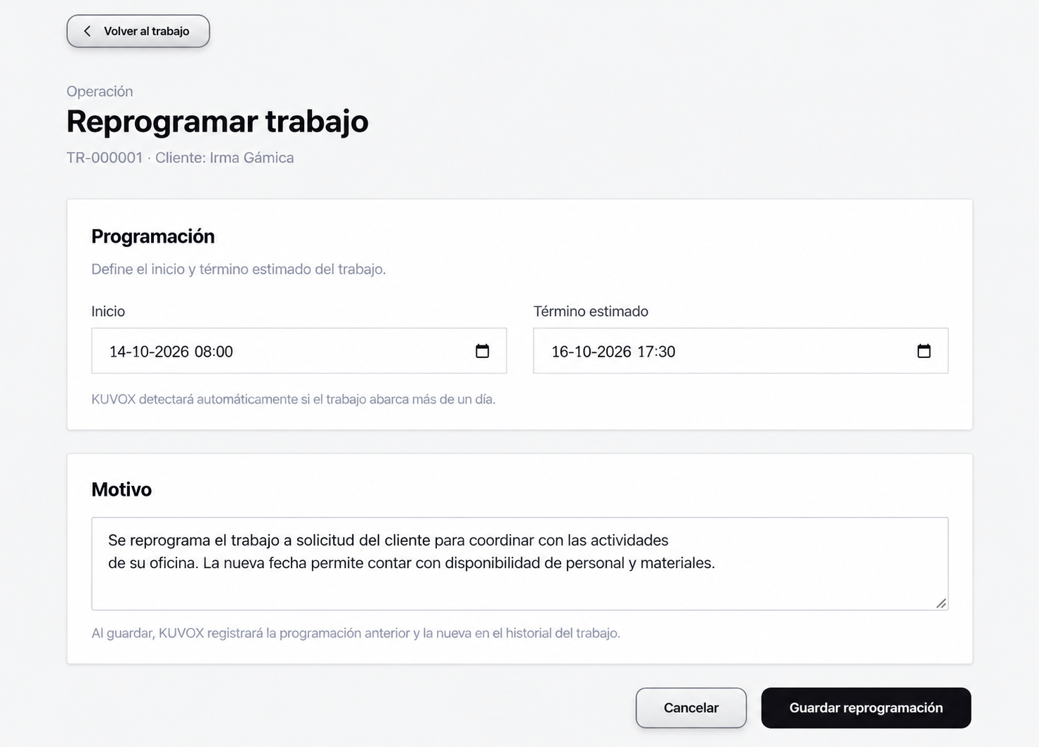 Programación y reprogramación de trabajos en KUVOX